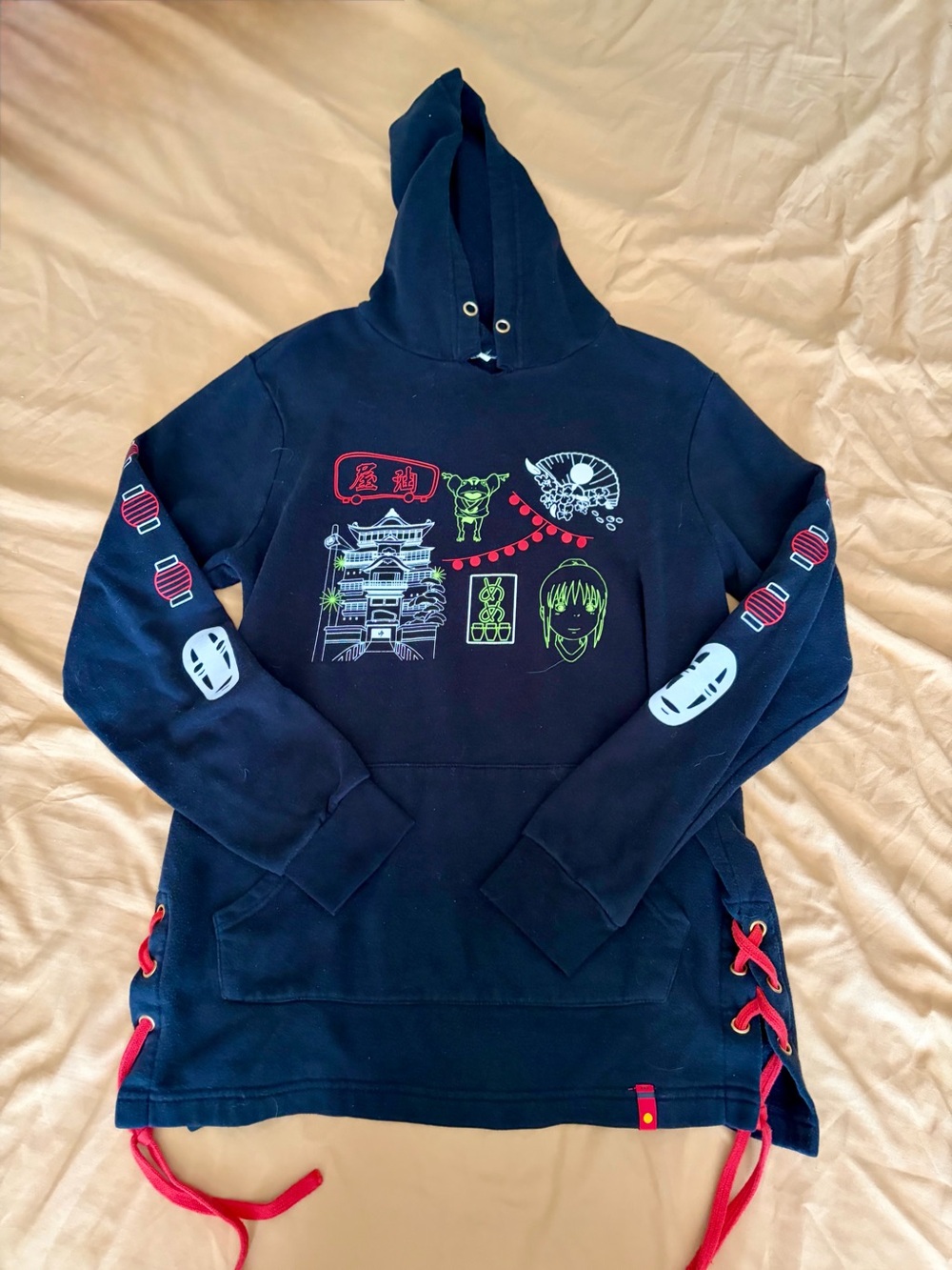 Hot Topic Black Hoodie Spirited Away Graphic and Red Lace-Up Detail